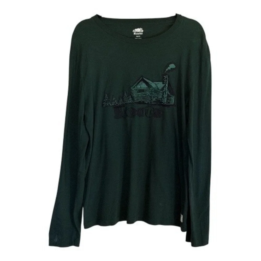 Roots Canada Men Forest Green Long Sleeve Cabin‎ Graphic T Shirt Size M